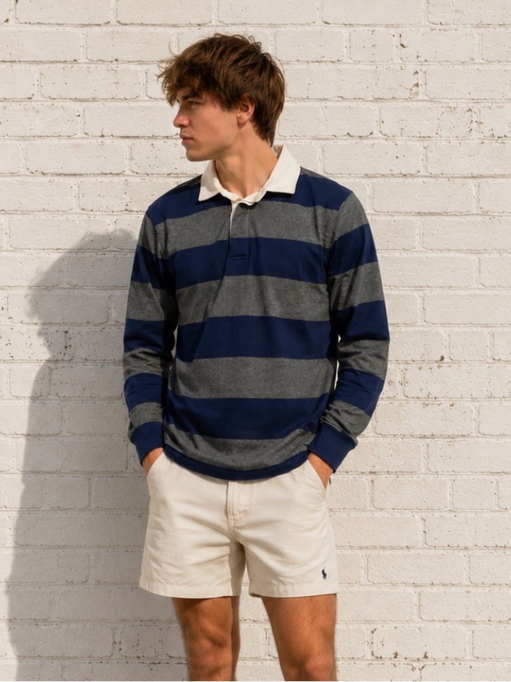 Vintage Lands End Rugby Shirt Blue Gray Striped Cotton Polo Medium Preppy Ivy